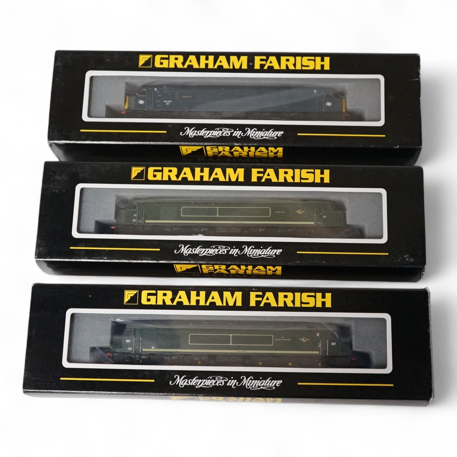 Three boxed Graham Farish N gauge BR diesel locomotives; A class 44 Scafell Pike D1 (371-201), a class 45 The Royal Artilleryman D67 (371-575), and a class 44 Penyghent 44008 (371-200). Condition - good.